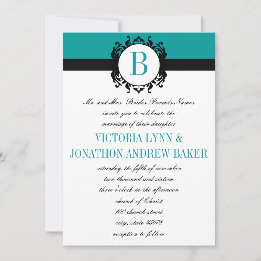 Deep Aqua Damask Monogram Wedding Invite Kaart (Voorkant)
