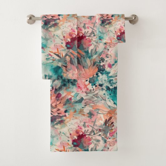 Deep Aqua, Perzik, Mauve Bloemen Abstract Bad Handdoek (Insitu)