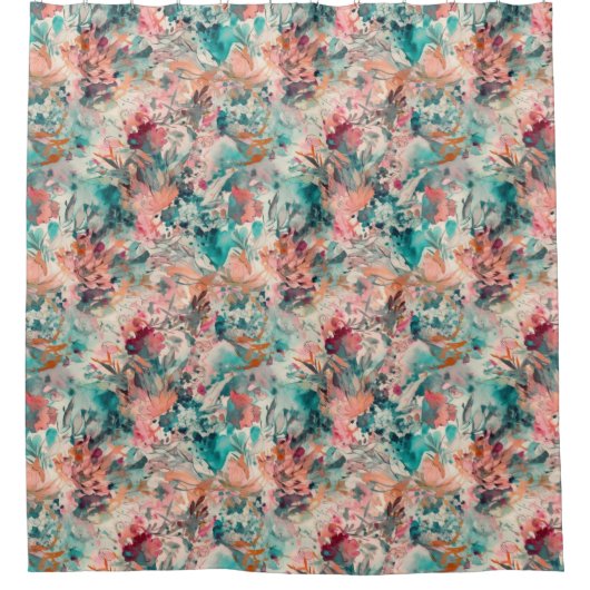 Deep Aqua, Perzik, Mauve Bloemen Abstract Douchegordijn (Voorkant)