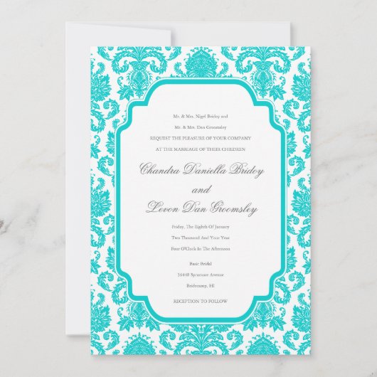 Deep Aqua Weddings Damask Border Sjabloon Kaart (Voorkant)
