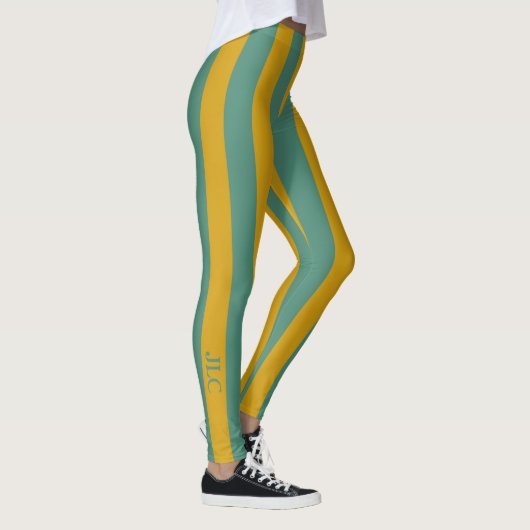 Deep Blauwgroen en Spicy Mustard Stripe Monogram Leggings (Rechts)