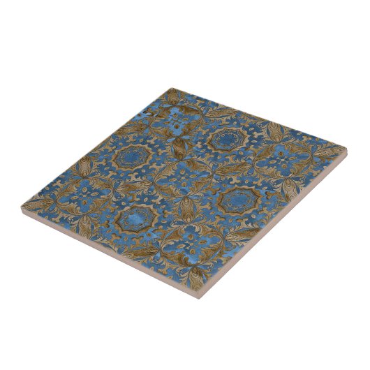 Deep Blue and Gold Ornate Medallion Pattern Tegeltje (Zijkant)