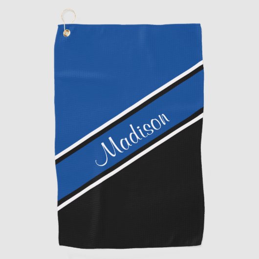 Deep Blue Black Diagonal Stripe Script Name Golfhanddoek (Voorkant)