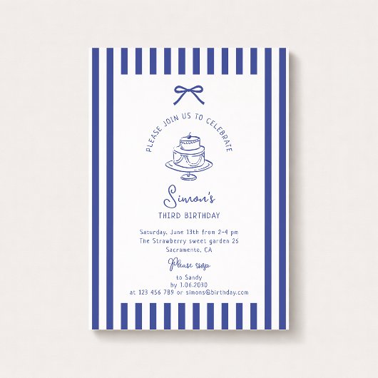 Deep Blue Bow, Striped Blue verjaardagsuitnodiging Kaart