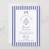 Deep Blue Bow, Striped Blue verjaardagsuitnodiging Kaart (Voorkant)