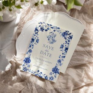 Deep Blue Chinoiserie Bloemen Huwelijk Save The Date
