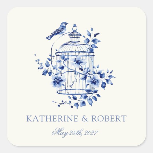 Deep Blue Chinoiserie  Bloemen Huwelijk Vierkante Sticker (Voorkant)