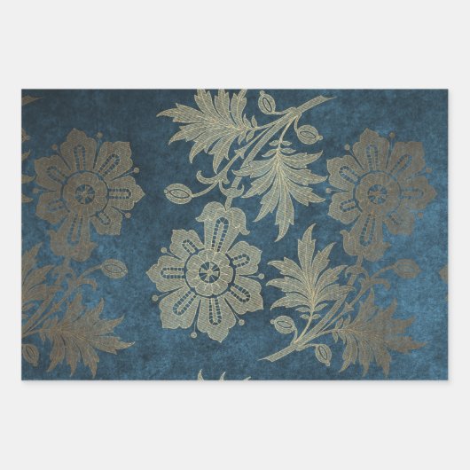 Deep Blue en Light Gold Flower Inpakpapier Vel (Voorkant 3)