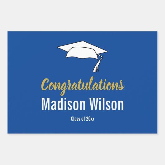 Deep Blue en White Afstuderen Gefeliciteerd Inpakpapier Vel (Voorkant)