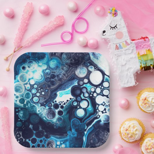 Deep Blue en White Marble Fluid Art Papieren Bordje (Feest)