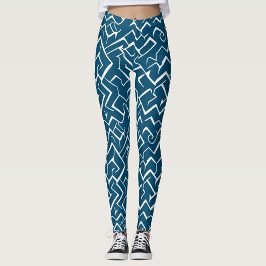 Deep Blue en White Meander Pattern | Moderne Maze Leggings (Voorkant)