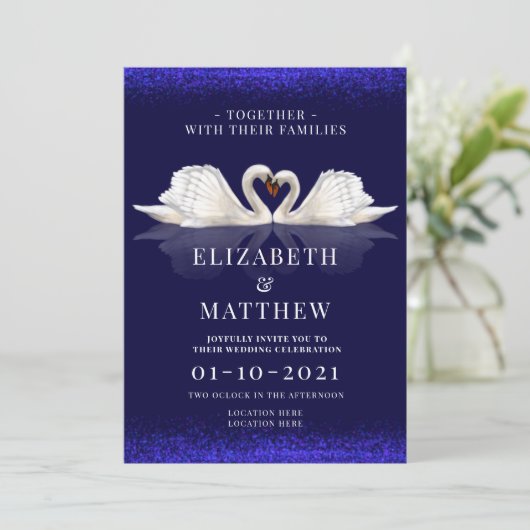 Deep Blue en White Theme met zwanen bruiloft Kaart (Staand voorkant)