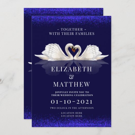 Deep Blue en White Theme met zwanen bruiloft Kaart (Voorkant / Achterkant)