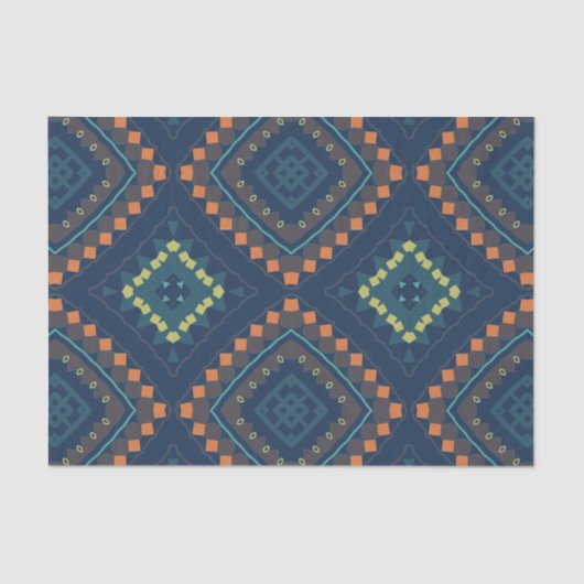 Deep Blue Ethnic Folk Boho Chic Mosaic Patroon Tissuepapier (Voorkant)