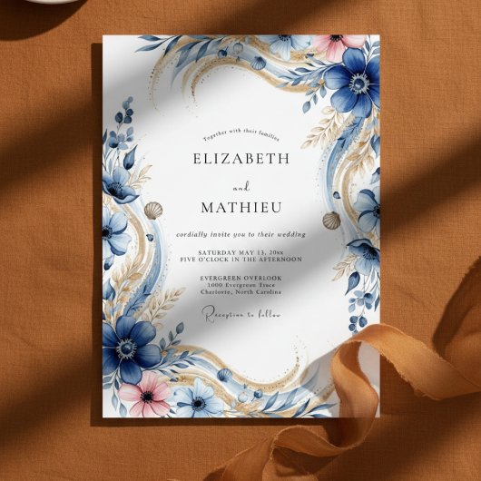 Deep Blue Floral Flourish Wedding Kaart