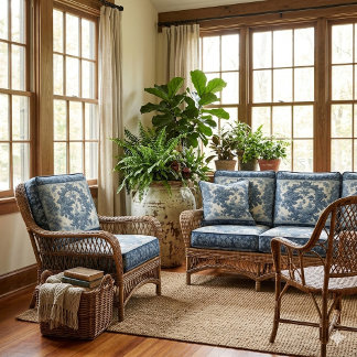 Deep Blue French Warship Toile Floral Motifs Decor Stof