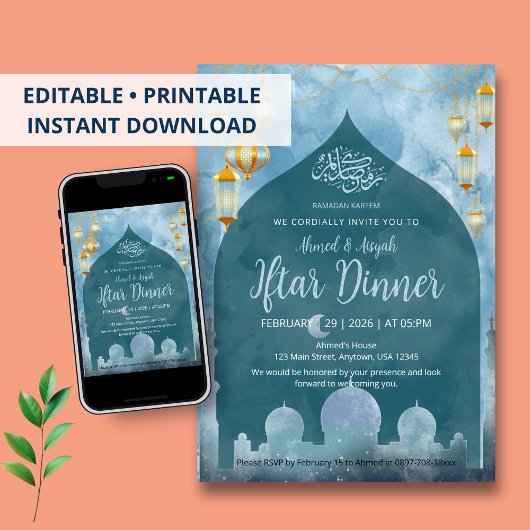 Deep Blue Night Mosque Silhouette Iftar Dinner Kaart