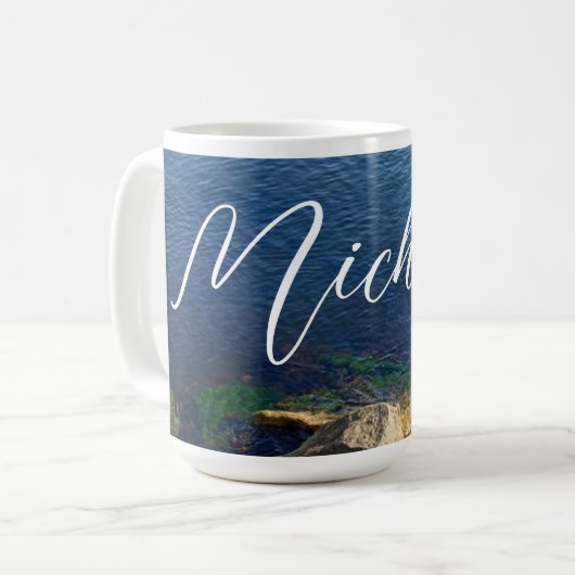 Deep Blue Ocean Foto Aangepaste naam Flowy Letters Koffiemok (Voorkant links)