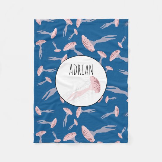 Deep Blue Ocean Jellyfish Patroon Aangepaste naam Fleece Deken (Voorkant)