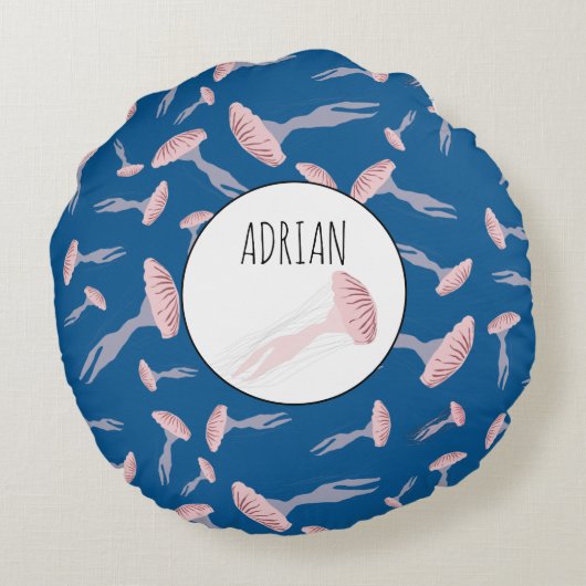 Deep Blue Ocean Jellyfish Patroon Aangepaste naam Rond Kussen (Achterkant)