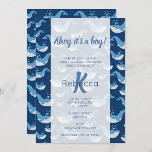 Deep Blue Ocean Whale Pattern Ahoy Boy Baby shower Kaart