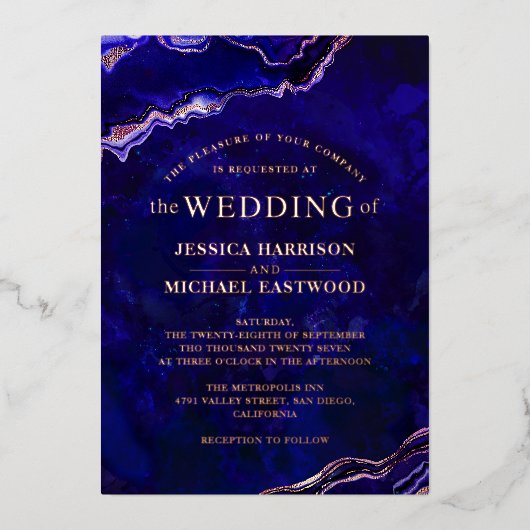 Deep Blue Paars Geode Roos Gold Agate Modern Folie Uitnodiging (Voorkant)