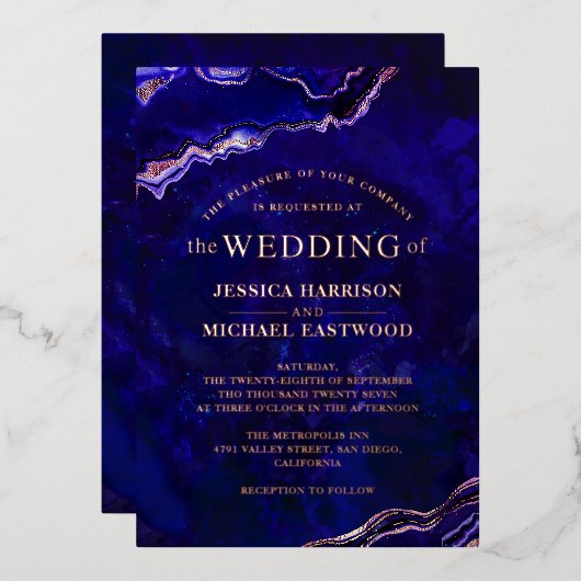 Deep Blue Paars Geode Roos Gold Agate Modern Folie Uitnodiging (Voorkant / Achterkant)