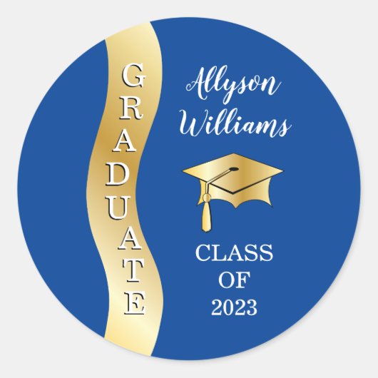 Deep Blue | Pet "Gold Afstuderen Wave Afstudeerder Ronde Sticker (Voorkant)