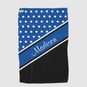 Deep Blue Polka Dot Black Diagonal Script Name Golfhanddoek (Voorkant)