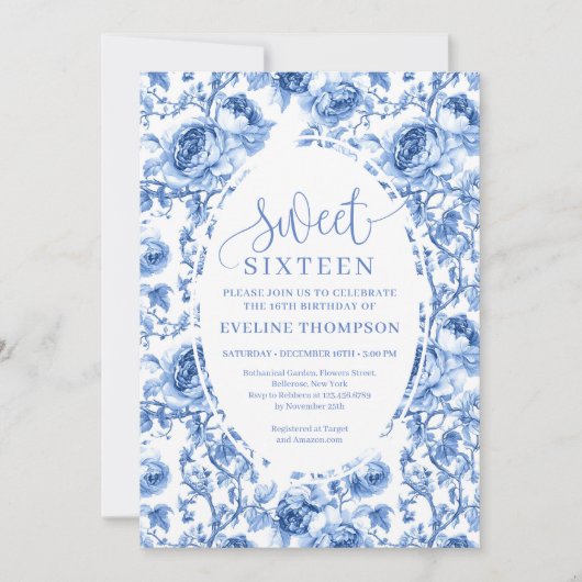 Deep Blue Roses Digital Invitation Sweet Sixteen Kaart (Voorkant)