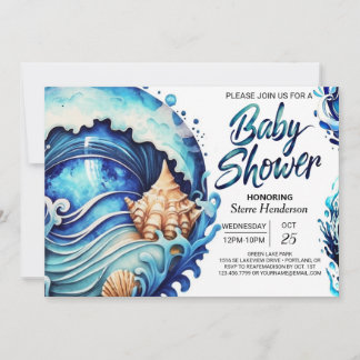 Deep Blue Seashells Kustkust Baby shower Kaart