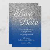 Deep Blue Silver Ombre Glitter Save the Date Kaart (Voorkant / Achterkant)