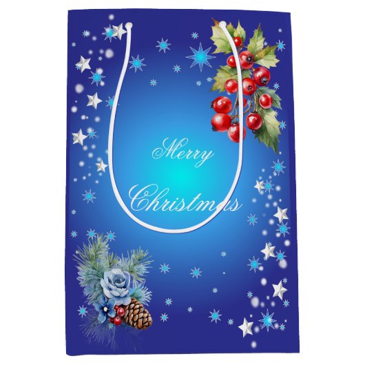 Deep Blue Stars en rode bessen Vrolijk kerstfeest Medium Cadeauzakje (Voorkant)