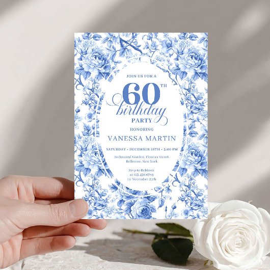 Deep Blue Toile Roses 60th Birthday Invitation  