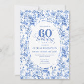 Deep Blue Toile Roses 60th Birthday Invitation   Kaart (Voorkant)