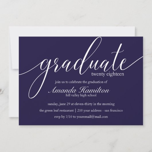 Deep Blue typographie Graduation Invitation (Devant)