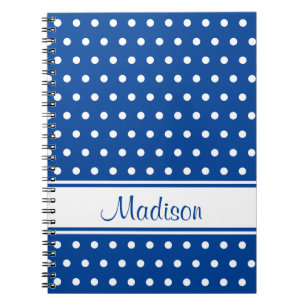 Deep Blue White Polka Dot Stripe Script Name Notitieboek