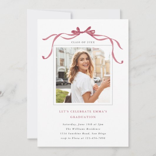 Deep Blush Bow Graduation Party Photo Minimal Kaart (Voorkant)