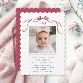 Deep Blush Pink Bow Girl 1st Birthday Party Kaart