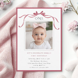 Deep Blush Pink Bow Girl 1st Birthday Party Photo Kaart