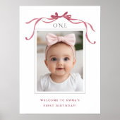 Deep Blush Pink Bow Girl 1st Birthday Welcome Poster (Voorkant)