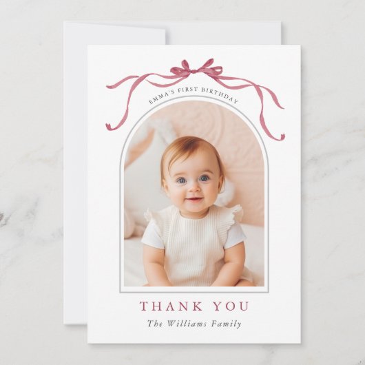 Deep Blush Pink Bow Simple Birthday Photo Bedankkaart (Voorkant)