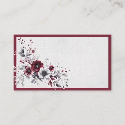 Deep Bourgogne Zilvergrijs Waterverf Bloemen Custo Plaatskaartje (Voorkant)
