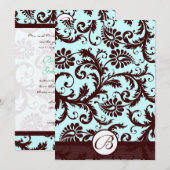 Deep Brown Damask Aqua Blue Wedding Invitation Kaart (Voorkant / Achterkant)