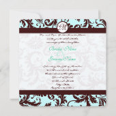 Deep Brown Damask Aqua Blue Wedding Invitation Kaart (Voorkant)
