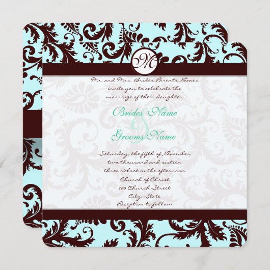 Deep Brown Damask Aqua Blue Wedding Invitation Kaart (Voorkant / Achterkant)