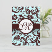 Deep Brown Damask Aqua - Groter Monogram op Terug Kaart (Staand voorkant)