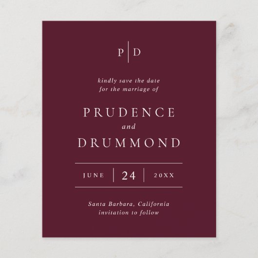 Deep Burgundy Classic Budget Wedding Save the Date Flyer (Voorkant)