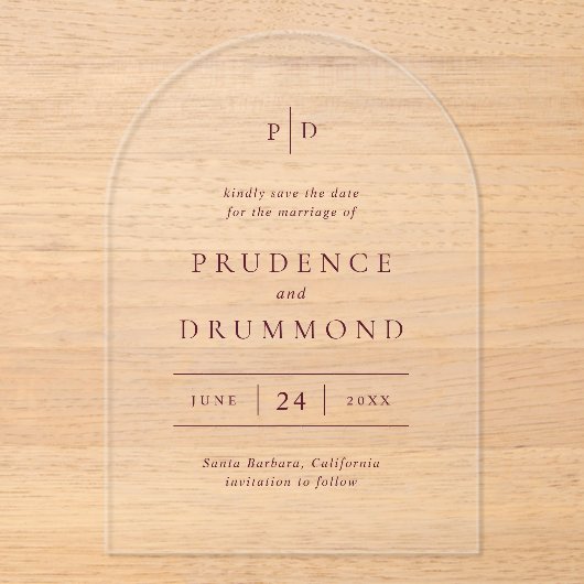 Deep Burgundy Classic Wedding Save the Date Acryl Uitnodigingen (Voorkant)