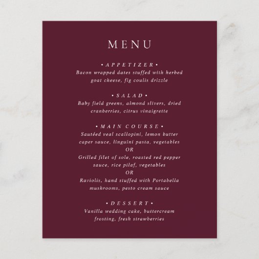 Deep Burgundy Elegant Classic Wedding Menu (Devant)